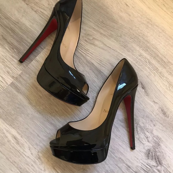 Christian Louboutin Lady Peep Black Patent High Heel Platform EUC see soles ❤️ - Picture 8 of 11